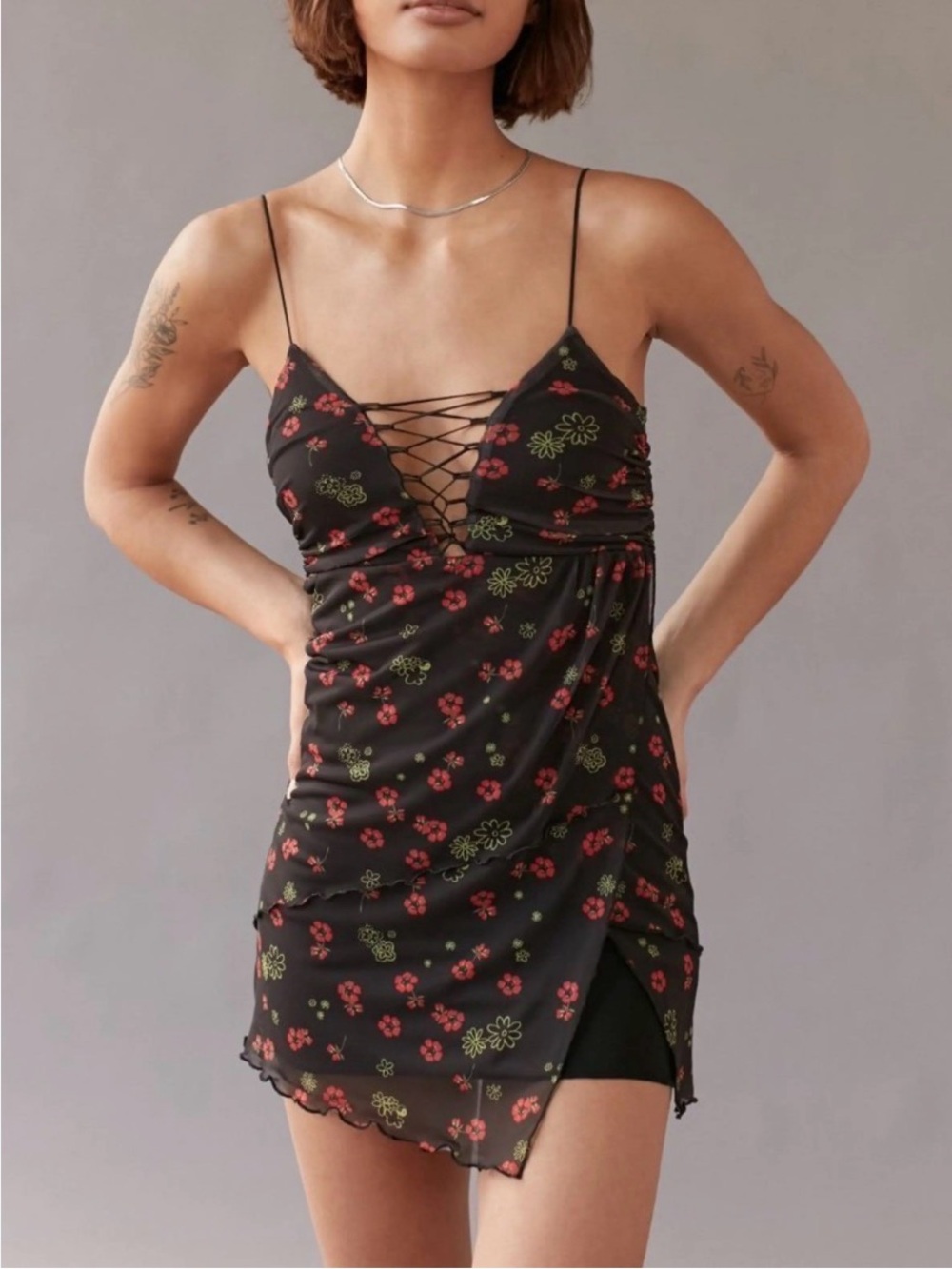Urban Outfitters Bright Side Lace Up Corset Mini Dress Sheer Mesh Floral Grunge
